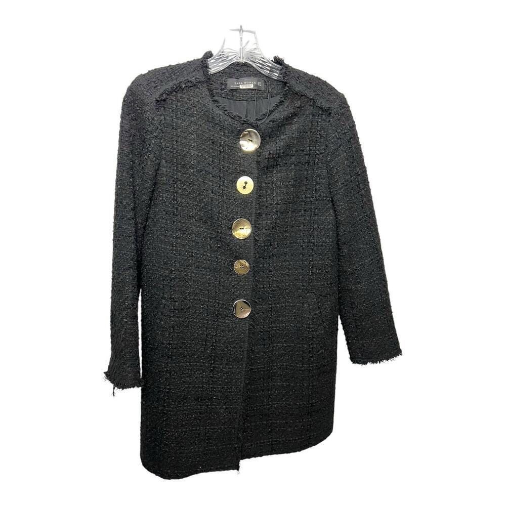 ZARA Women Black Tweed Gold Button Frayed Fringe Lined Black Jacket Medium